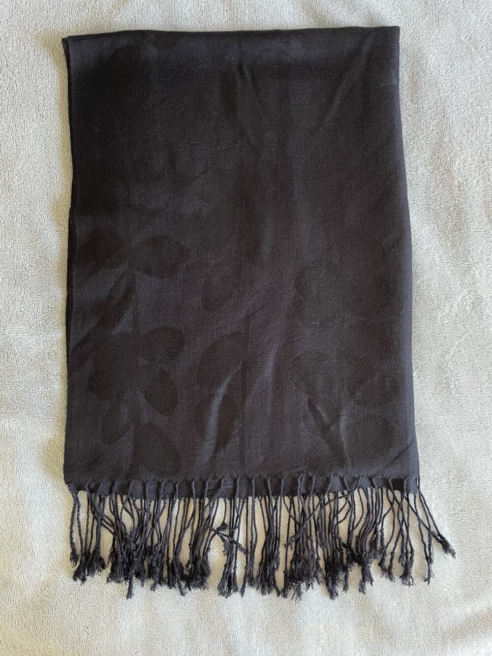Black Floral Jacquard Scarf Wrap Fringe Soft Lightweight 74x27.5